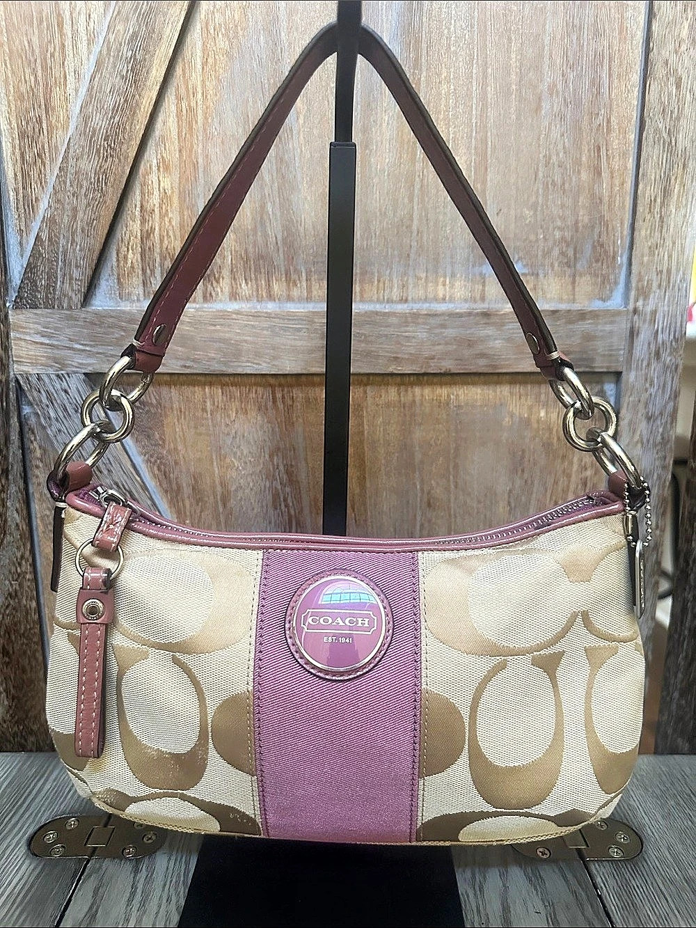Coach Signature C Canvas with Lavender Stripe Small Hobo Shoulder Bag RARE FIND